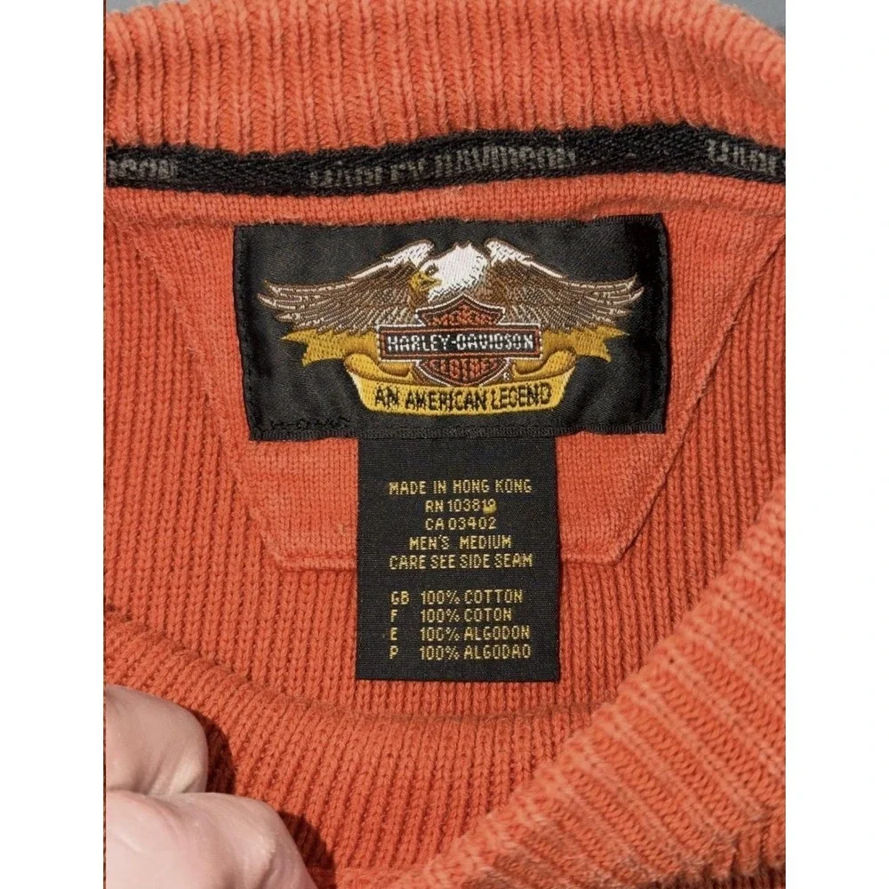 Harley-Davidson Sweater Mens Medium Orange Cotton Crewneck Knit Pullover